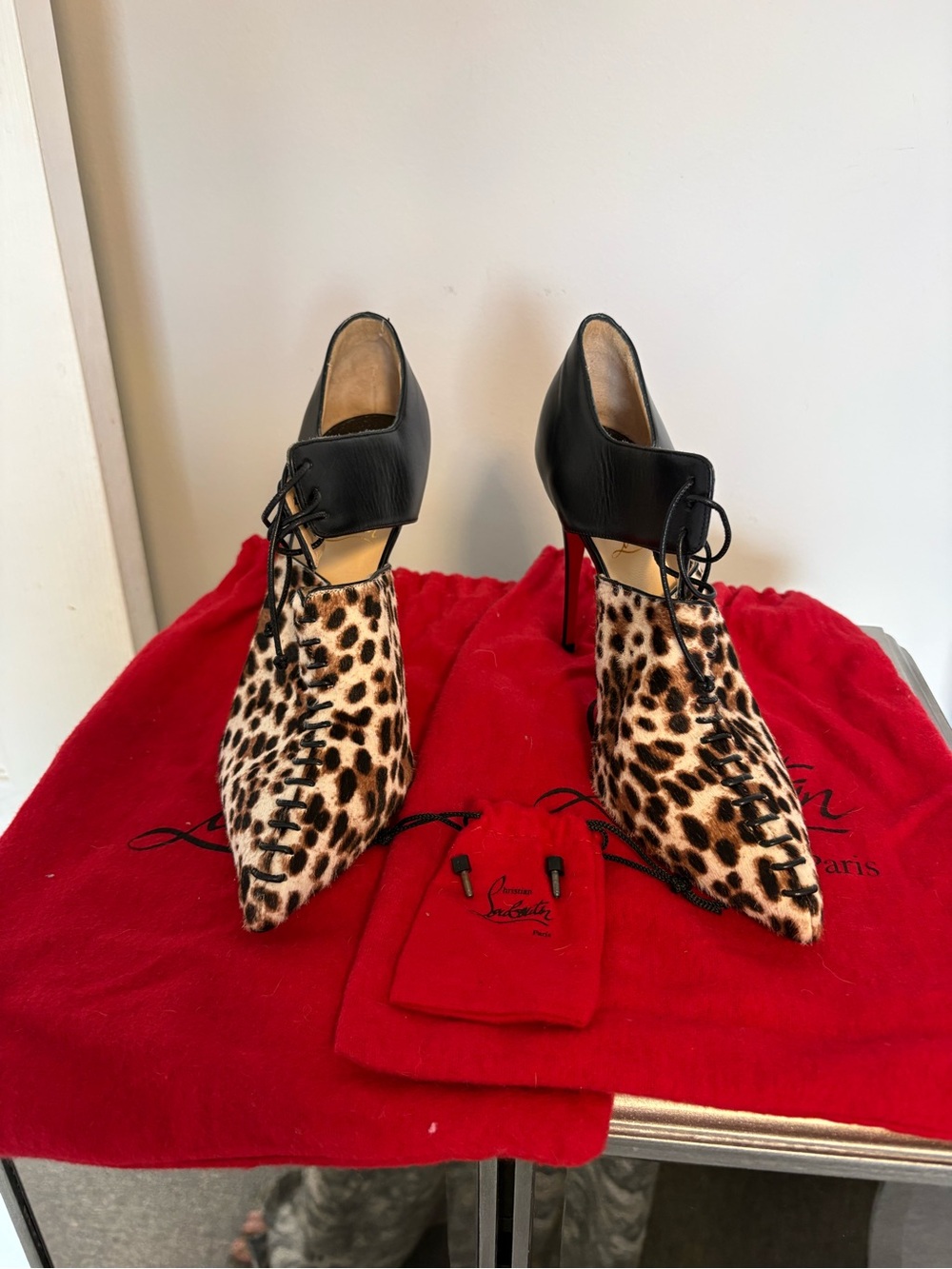 Christian Louboutin Leopard Print Pointed Lace-Up Heels with Black Upper
